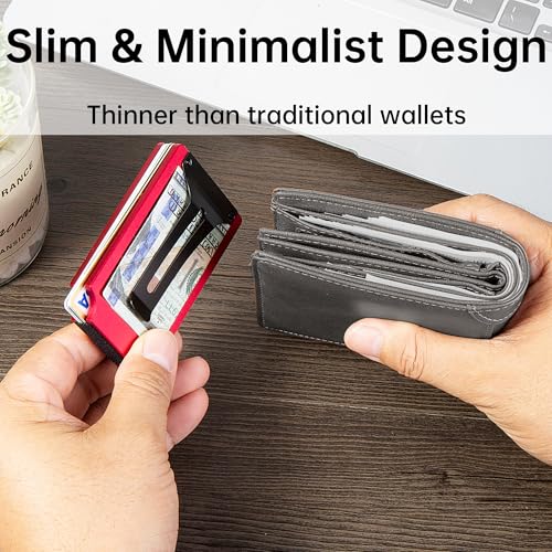 Image of Minimalist Carbon Fiber Wallet for Men, Money Clip Cash Strap Wallet, RFID Blocking Metal Wallet Aluminum Card Holder,Front Pocket Wallet(Matte Red)