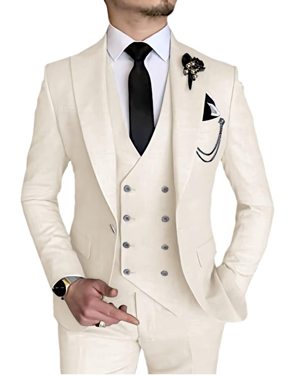 Wangyue 3 Piece Suit Slim Fit Men Suits Double Breasted Wedding Party One Button Blazer Jacket Vest Pants Sets Beige