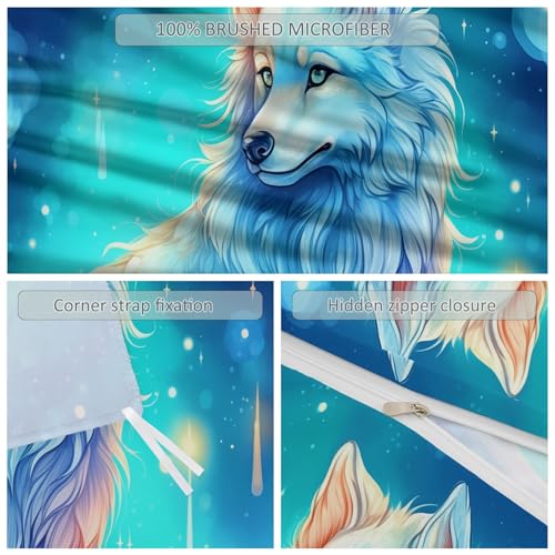 Housse de couette 200x200 loup ciel étoilé imprimé parure lit bleu 2p - 6