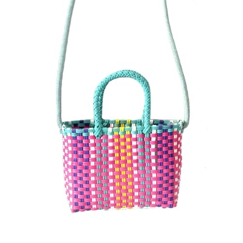 Women's Tote Handbags, Woven Bag Colorful Plastic Strip Handle Small Cute Fashionable Square Bag for Summer Beach(Red)