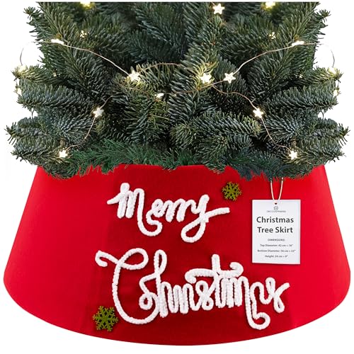 DECO EXPRESS Falda de Arbol de Navidad, Cubrepie con Texto Bordado Merry Christmas, Decoración de Navidad para el Hogar 42x24 cm (Merry Rojo, Parte Superior 42 cm/Base 56 cm)