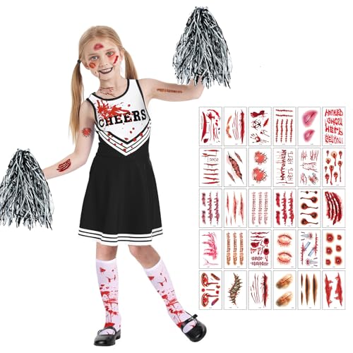 Disfraz Halloween Niña, 4 Piezas Disfraz de Animadora Zombie Niña, con Calcetines, Tatuajes y Pompones, para Fiestas Infantiles Secundaria de Disfraces de Halloween y Carnaval (4 6 años (120 cm))