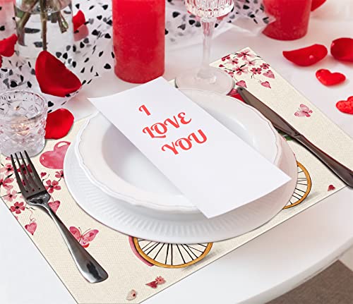 Hello Valentines Day Gnomes Placemats Set Of 4,12X18 Inch Gnomes Biking With Balloons Love Hearts Sakura Heat-Resistant Place Mats,Anniversary Wedding Table Decors For Farmhouse Kitchen Dining Party #TOP4