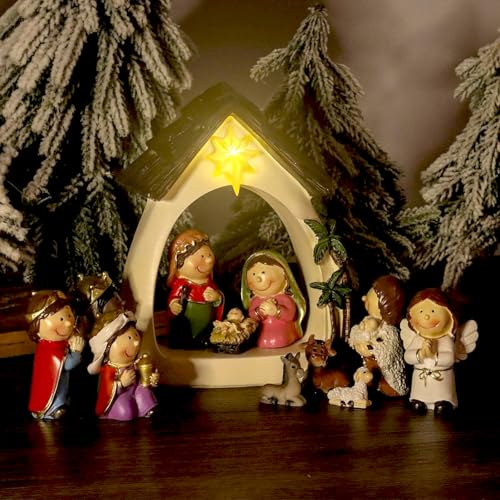 Qulable Conjunto de 12 peças de presépio para crianças - Presépio e bonecos pequenos com luzes LED -