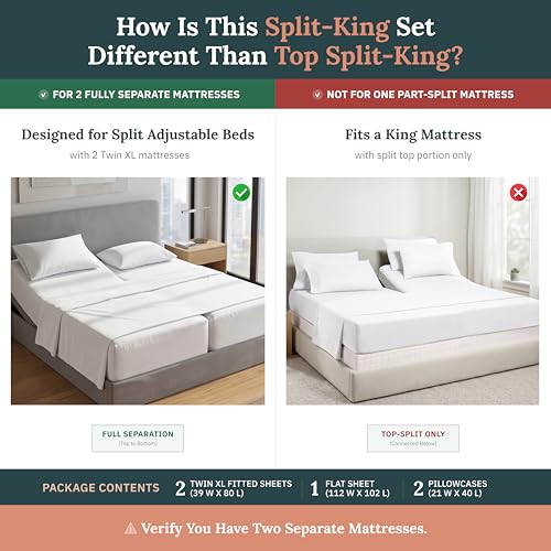 Image of California Design Den Split King Sheets Sets for Adjustable Bed - 600 Thread Count Sateen, 100% Cotton Sheet & Pillowcase Sets, Deep Pockets, Soft and Durable Bedding - Beige