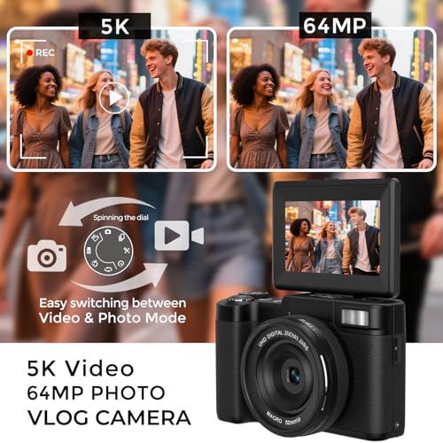 5K Vlogging Camera with WiFi 64MP 4K Digital Camera for Photography Vlog Camera with Flip Screen Video Camera for YouTube with Selfie Light, Desk Tripod, Batteries - Image 3