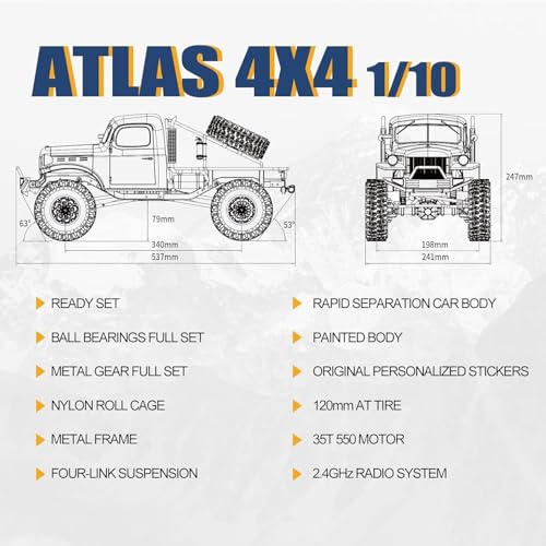 Image of EAZYRC FMS Rochobby 1 /10 Atlas Ready Set RC Crawler RC Truck 4X4 with Lighting, 2.4GHz Radio,Ball Bearing, Metal-Gear Full,4 Link Suspension,Rapid Separation Car Body for Adult (Blue)