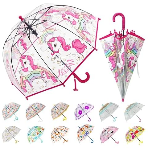 Wxjiahetai Kids Clear Bubble Umbrella Transparent Dome See Through Child Umbrellas for Rain Boys Girls with Pinch-Proof Closure and Easy-Grip Hook Handle(Clear Red Unicorn) Cover