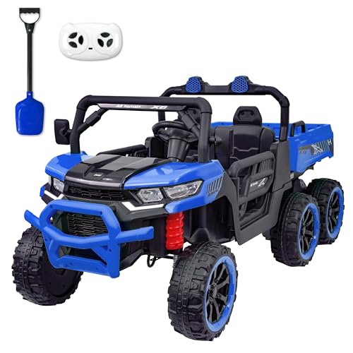 TCARAIWEN 24V Ride On 2 Seater Dump Truck with Remote Control, Electric UTV Car with Electric Dump Bed, 2 Speed 4WD Power Ride Cars 6x6 Wheels Music, Storage Trunk, Shovel for Boys Girls, Blue