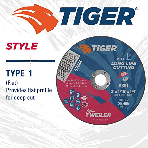 Image of Weiler 57066 3-Inch Cutting Wheel, Tiger AO Steel /Metal Long Life, Performance Cutting, 1 /16 inch A36T Type 1 1 /4 inch Arbor (Pack of 100)