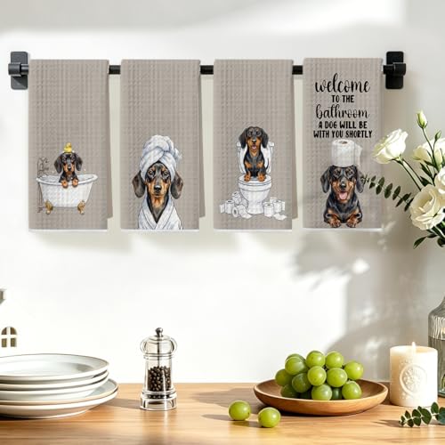 Image of 4 Pcs Funny Dachshund Hand Towel for Bathroom 24x14 Inch, Dachshund Gifts Reusable Dish Cloth Towel, Waffle Weave Hand Towels for Toilet Home Bathroom Decor, Weiner Dog Gifts for Women Mom Friend