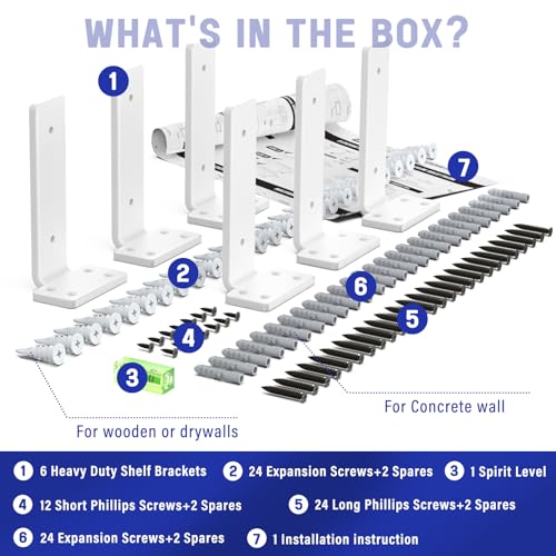 Image of WELDUN 6 Pieces Shelf Brackets Shelf Racks 15cm, Heavy Load L Shelf Angle for Wall Mounting, Load Capacity 75kg, White