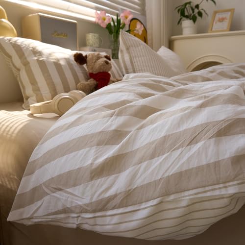 Image of VM VOUGEMARKET Kids Teens Twin Duvet Cover Set Khaki Striped Bedding Set Khaki White Stripes Duvet Cover with 2 Pillowcases Soft Lightweight Microfiber Farmhouse Comforter Cover-68 x86