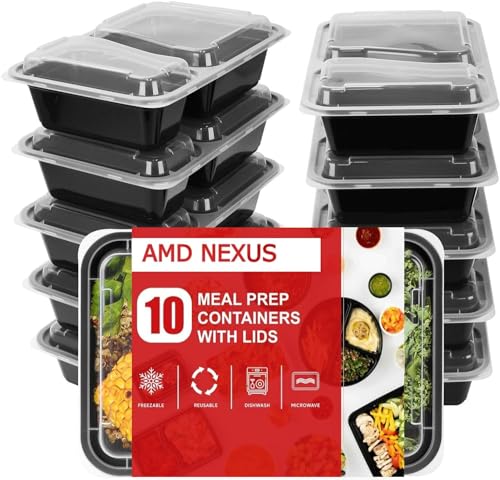 Image of (50 Pack, 32oz) 2 Compartment Plastic Meal Prep Containers - Reusable BPA Free Food Containers with Airtight Lids - Microwavable, Freezer and Dishwasher Safe