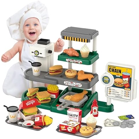 71PCS Kids Play House Food Set with Burgers, Fries, Chicken Wings, and More! Includes Cash Register and Water Dispenser for Endless Fun！(Green) Cover
