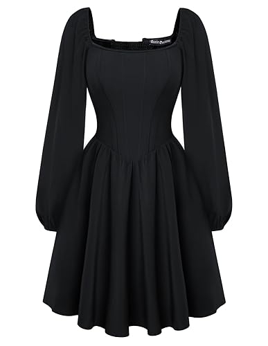 Scarlet Darkness Fall Long Sleeve Mini Dress Fishbone Renaissance Corset Dress - Black - 16