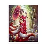 HINWEIS: (kein Außenrahmen) XIAOFANG Alte Schönheit und Fuchstier für Stickerei-Handarbeit 1 4CT. Unbedruckt gezählt DIY. Kreuzstich-Kits Handgemachte Kunstwanddekor (Cross Stitch Fabric CT Number : 14CT 58x74cm)