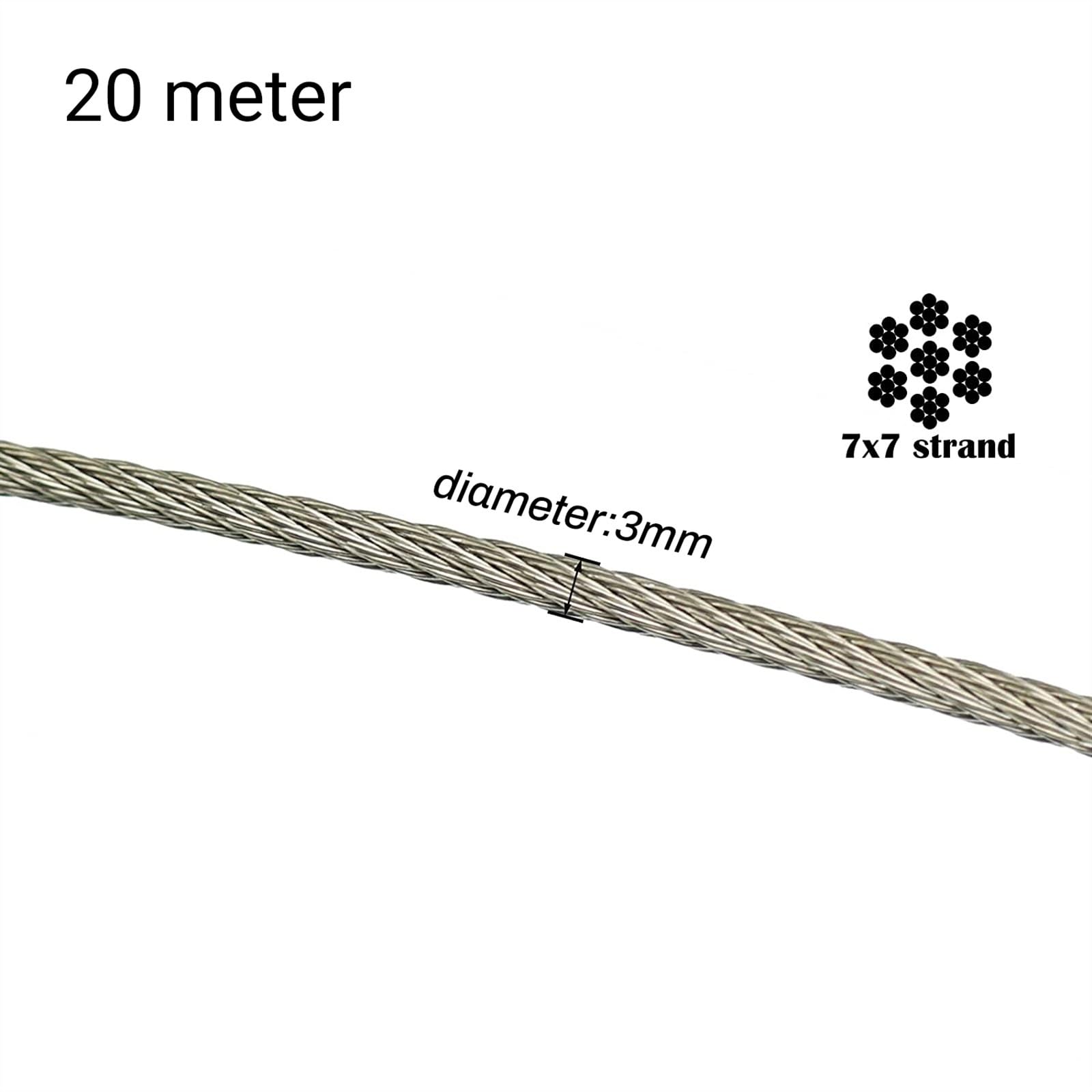 Cable Acero Plastificado,Cable Acero Cable de acero inoxidable 20/30/50 m, 7 x, diámetro 3,0 mm, for elevación, barandilla(50M)