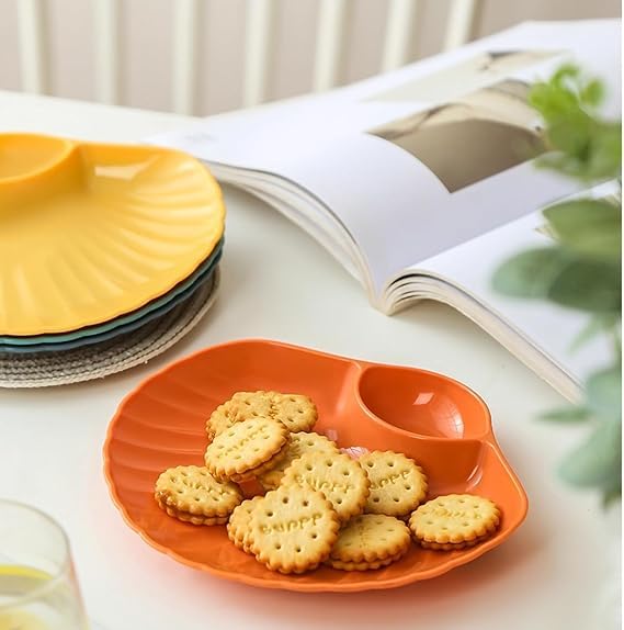 Vortipu Shell-Shaped Plates, 7.28" Inch, | Appetizers Serving Dishes for Chips, Pasta & Momos | Lightweight & Divided Dishes | Wheat Straw Plate for Serving Snacks for Party & Picnic (Orange, 8)
