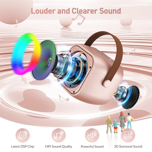 Image of Mini Karaoke Machine, Portable Bluetooth Karaoke Speaker with 2 Wireless Microphones and Party Lights for Kids and Adults, Birthday Gifts for Girls Boys Family Home Party (Rose Gold)