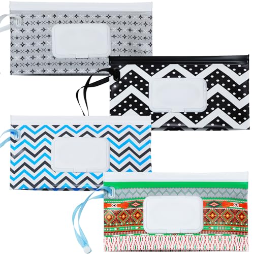Image of FAREVER Baby Wipe Dispenser, 4 Pack Portable Refillable Wipe Holder, Reusable Lightweight Wipes Holder Container for Travel Wet Wipe Pouch,Geometric