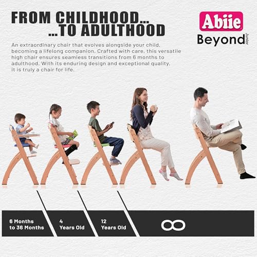 Image of Abiie Beyond Junior Wooden High Chair for Babies and Toddlers - Convertible 3-in-1 Baby Highchair with Removable Tray - 6 Months to 250 Lb - Water Resistant - Misty Grey Wood with Black Pearl Cushion