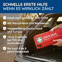 FLEXEO KFZ-Verbandtasche inkl. Warndreieck und Warnweste nach aktueller DIN 13164 | Gültig für 2026, in Deutschland und der EU | Verbandkasten/Erste Hilfe Set für PKW/Auto | Rot – Ansicht 2