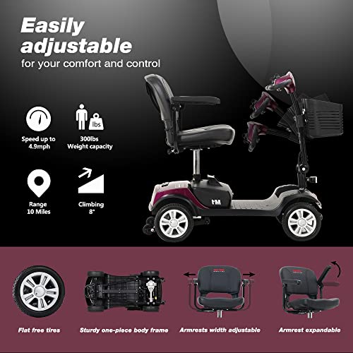 Electric Folding Mobility Scooter for Adults and Seniors, 4 Wheel Powered Wheelchair Device - Compact Heavy Duty Mobile for Travel, Long Range Power Extended Battery with Charger and Basket Plum Red