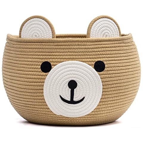 CherryNow Cotton Rope Basket Baby Gift Basket for Newborn, Empty Gift Basket with Handles, Medium Animal Basket for Toy Clothes Towel, Woven Rope Bear Basket for Kids, Brown, 15.7"D x 10.5"H Cover