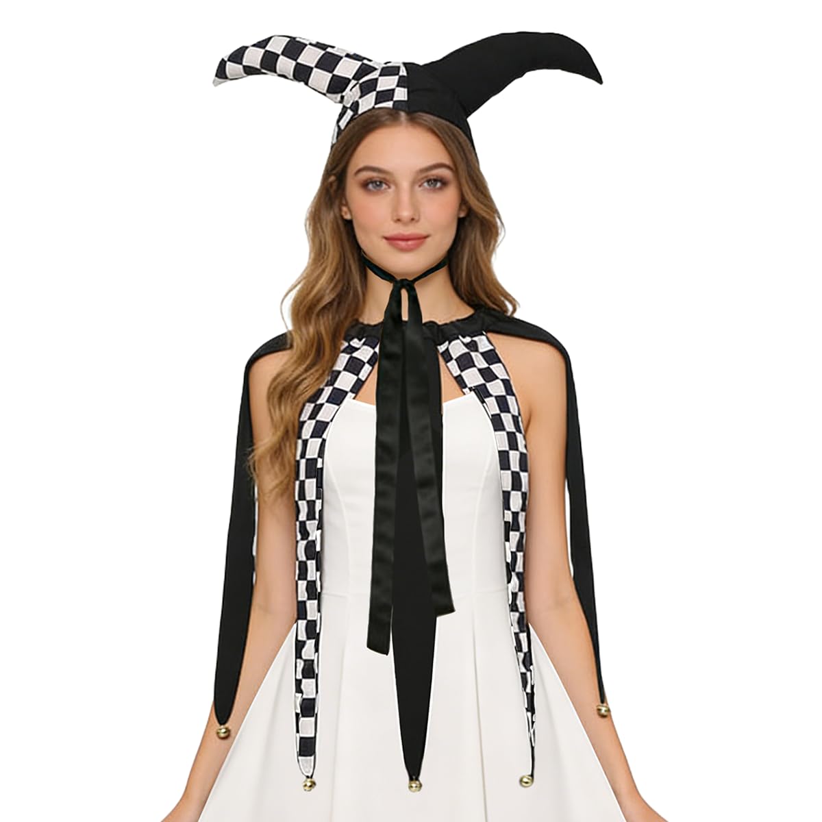 UniqKaliber Christmas Jester Collar and Hat Set Checkered Victorian Clown Choker with Jingle Bells Costume Accessory
