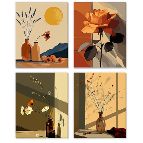 4 Pack Pintar por Numeros Niños Adultos con Marco, Flores en un jarrón, DIY Cuadros para Pintar por Números, Flor en el alféizar de la ventana, Pintura Acrilica Cuadro Artesanías de Arte, 20x25cm