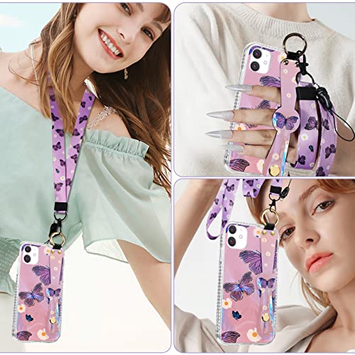 Flafens Purple Butterfly With Wrist Strap For Iphone 11 6.1" Case Lanyard Girls Women Girly Aesthetic Design Fashion Cute Pretty Wristband Phone Cases Cover For Iphone 11 6.1 Inches #TOP4