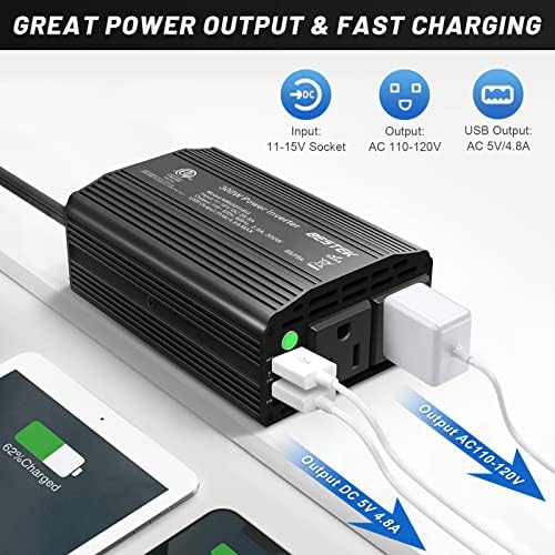 BESTEK 300W Power Inverter DC 12V to 110V AC, Durable Aluminum Housing Car Charger Adapter with 4.8A Dual USB Fast Charging Port, Car Plug in Cigarette Lighter Outlet for Laptop — view 3
