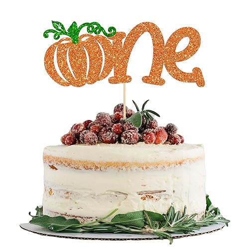 Gyufise 1Pc Pumpkin One Cake Topper Glitter Fall Theme Pumpkin 1st Birthday Cake Pick Decorations for Baby Shower First Birthday Thanksgiving Party Supplies Orange