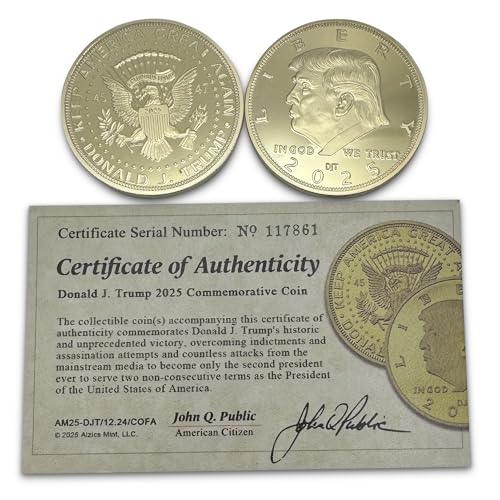 Image of President Donald J. Trump 2025 Gold American Eagle Challenge Coin with Certificate of Authenticity, Oval Office, Trump Coin Collectors Souvenir, 24k Plated Gold, 38mm x 2mm in Protective case