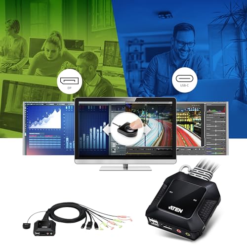 Image of ATEN CS52DP 2-Port KVM Switch USB C DisplayPort Switch 2 Computers 1 Monitor Switch DP Alt Mode Up to 4096 x 2160 60 Hz Remote Port Switcher Windows, Mac, Linux, Android, iOS