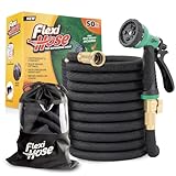 Flexi Hose Plus Expandable Garden Hose with 8 Function Nozzle, 50FT - Lightweight Retractable Garden Hose, Water Hose - No-Kink Flexibility, 3/4 Inch Solid Brass Fittings Includes Hook & Bag