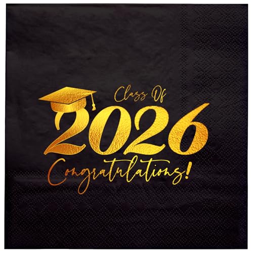 LeZakaa 50Pcs Graduation Party Paper Napkins, Class of 2026 Gold Lettering Design Cocktail Beverage Napkins, 3-Ply Disposable Party Table Napkins, 5 x 5 Inch Folded