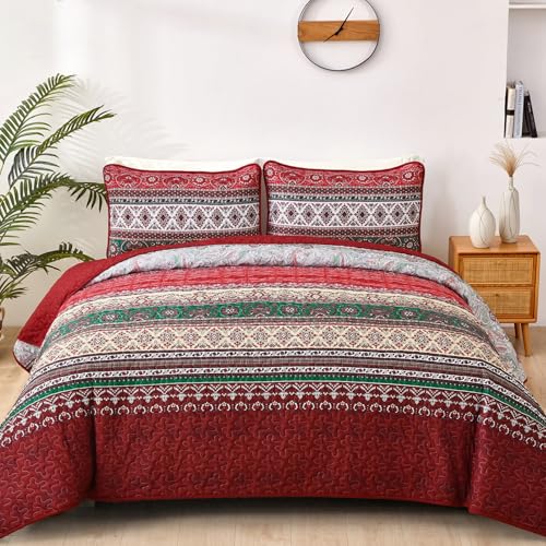 WONGS BEDDING Boho Quilt Set Full, Red Bohemian Quilt Bedding