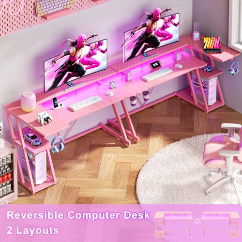 Image of Korfile 55 Inch Pink Gaming Desk with Power Outlet & LED Lights, Corner Computer Desk with 3 Tiers Storage Shelves, L Shaped Gaming Desk with Monitor Stand for Bedroom