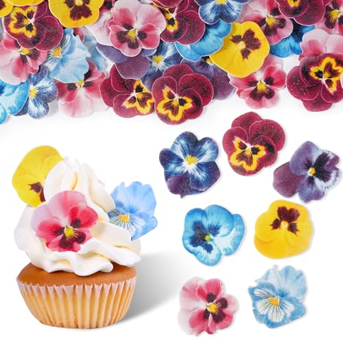 Edible Flowers for Cake Decorating, Wafer Paper Flowers, 60 Pcs Pansies Flower Cake Decorations for Birthday, Wedding, Princess Party, Spring Theme