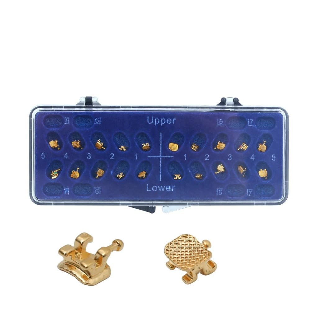20Pcs Orthodontic Mesh Base Gold-Plated Metal Brackets 022 Roth #3#4#5 with Hook (Roth 022 with 3 4 5 Hook)