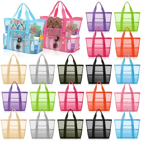 Image of Hsei 20 Pack Mesh Beach Bags Bulk for Women Waterproof Large Pool Tote Bag with Pockets & Handles Travel Vacation Cruise Camping Gym