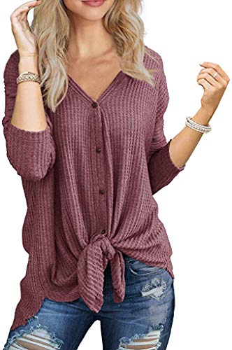 Chvity Womens Long Sleeve Henley Shirts Knit Ribbed Button Down Comfy Tops Blouses (Medium, Rust Red)