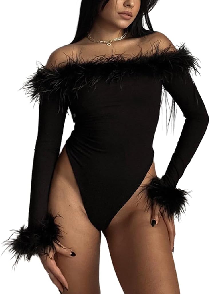 THLAI Sexy Jumpsuits for Women Fuzzy Fur Off Shoulder Long Sleeve Bodysuit Top Romper Club Night Out One Piece Outfits