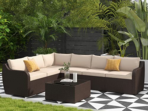 Vicluke 7 Piece Patio Furniture Set, Rattan Wicker Sectional Sofa Set With Ergonomic Curved Armrest, Outdoor Conversation Set With Waterproof Cushion And Glass Table For Garden, Backyard(Khaki) #TOP1