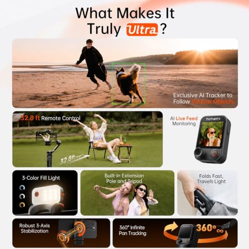 Image of hohem iSteady V3 Ultra Gimbal Stabilizer for iPhone Gimbal with AI Tracking | Bi-Fill Light Built-in Extendable Rod & Tripod,Detachable Remote Control,Stabilizer for Video Recording (Black)