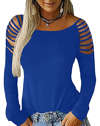 Cicy Bell Women's Long Sleeve T Shirts Plain Hollow Out Sexy Boat Neck Blouses Tops (Blue, Small)