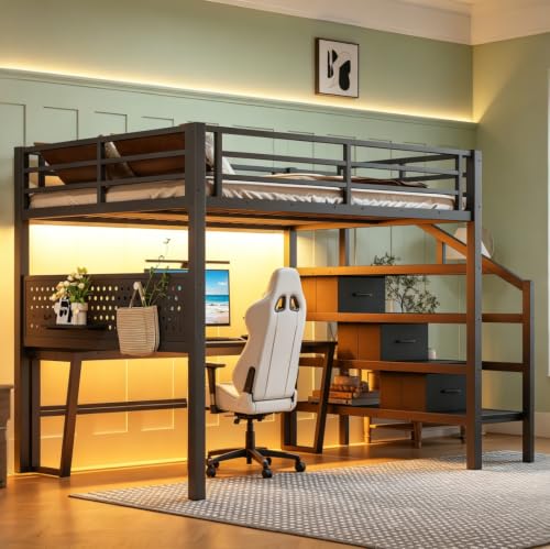 Image of Bellemave Full loft Bed with Movable Desk and Storage Stairs, Shelves, Metal Loft Beds with LED Lights, USB Ports, Multifunctional Iron Nets for Adults, Kids, Teens, Black