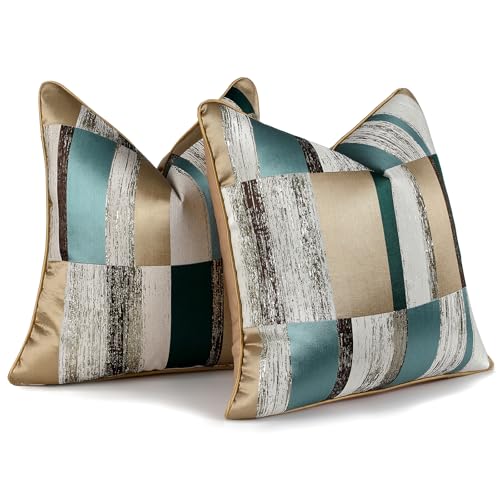 HOSTECCO Green and Gold Cushion Covers 45x45 cm Set of 2 Geometric Patchwork Cushion Cases Jacquard Decorative Pillow Covers for Sofa Couch Bed